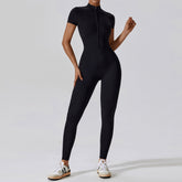 Reißverschluss Kurzarm Nude Feel Yoga Jumpsuit Oberbekleidung Fitness Sport Einteilige Strumpfhose